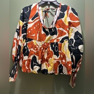 Abstract Print Blouse in Red, Black, and Yellow
